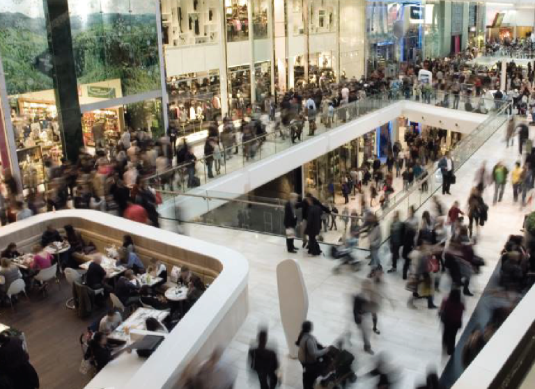 Centro comercial con clientes, entorno de trabajo de Workout Retail