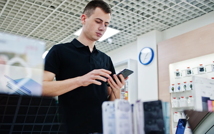 Workout Retail auditor reviewing a telephony point of sale